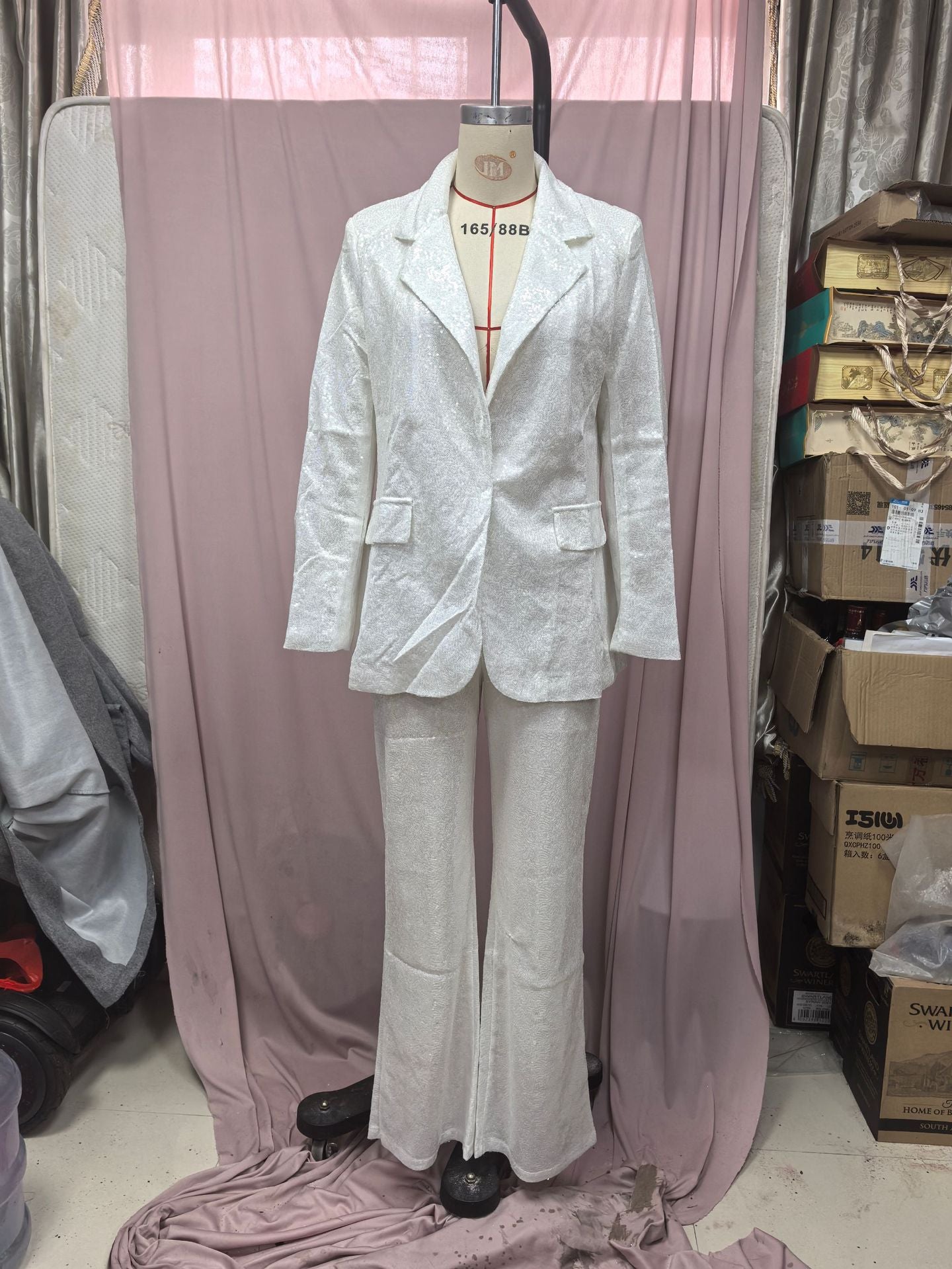 Women's Long Sleeve V-Neck Sequined Blazer Pants Two-Piece Set 6