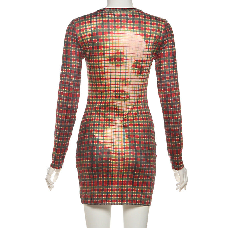 Women's Autumn Slim Fit Check Print Long Sleeve Bodycon Short Dress 8