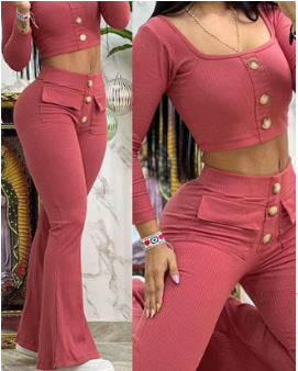 Women u-neck buttoned nine-quarter sleeves Top and Bell Bottom trousers two-piece set 4