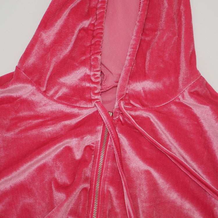Women's Autumn Solid Velvet Hooded Long Sleeve Tight Fitting Two Piece Tracksuit 14