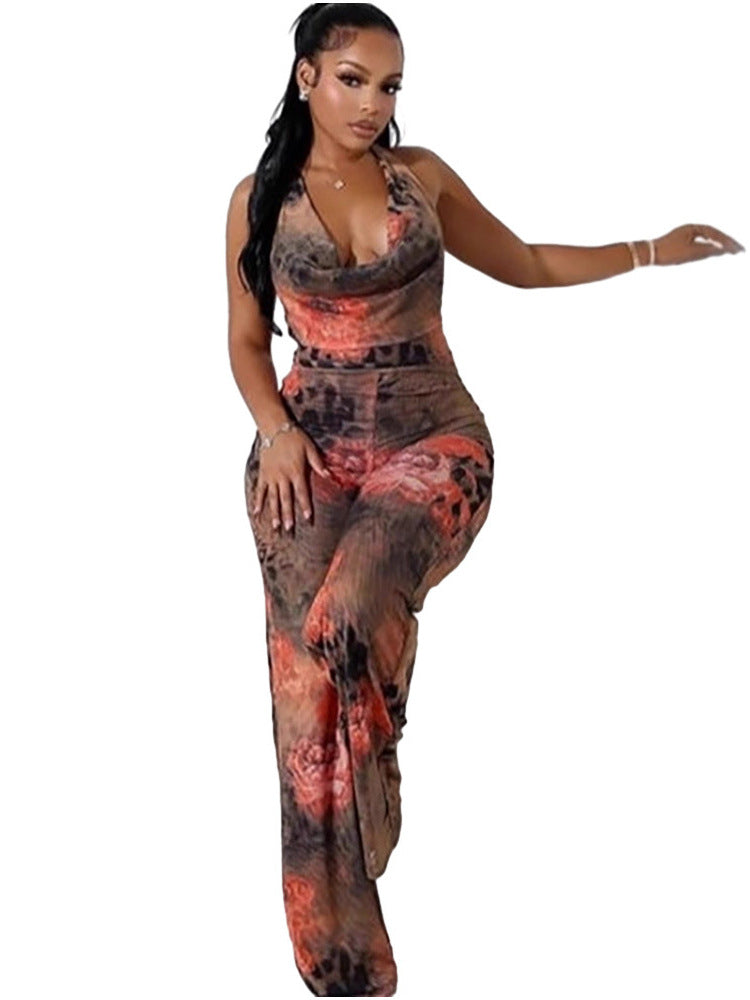 Women's Sexy Leopard Floral Print Halter Neck Jumpsuit 6