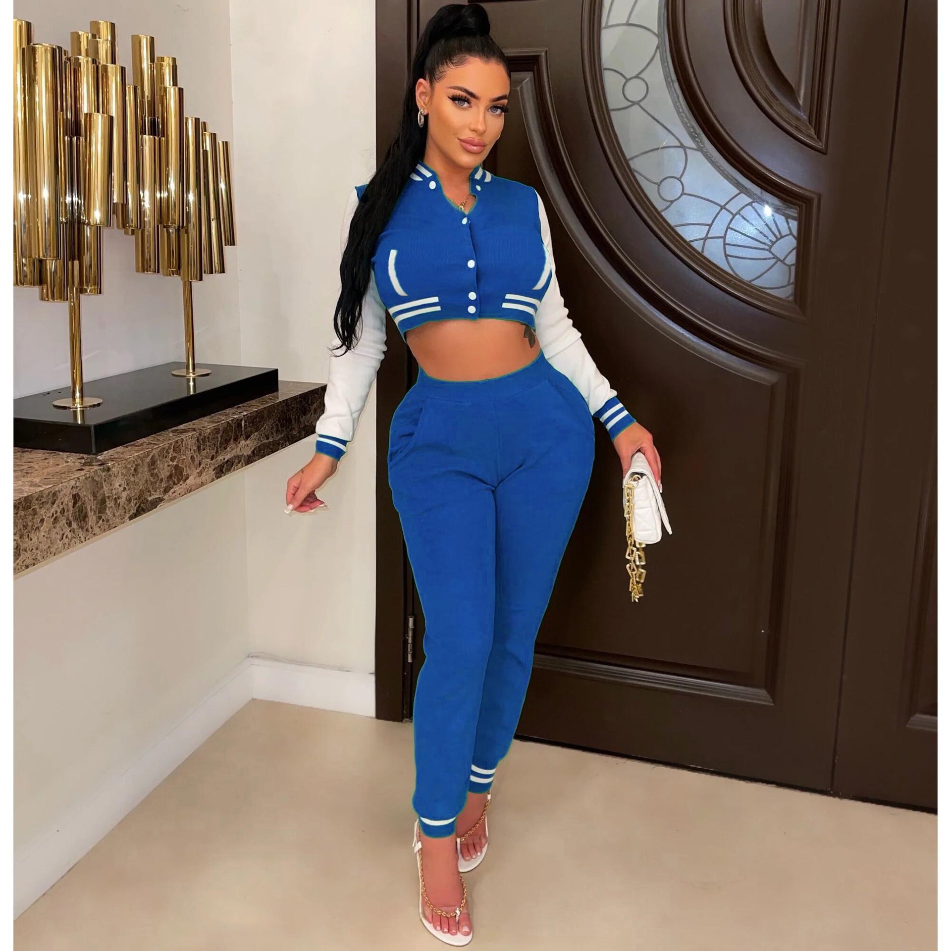 Women's Winter Fashion Ribbed Multicolor Baseball Uniform Set 15