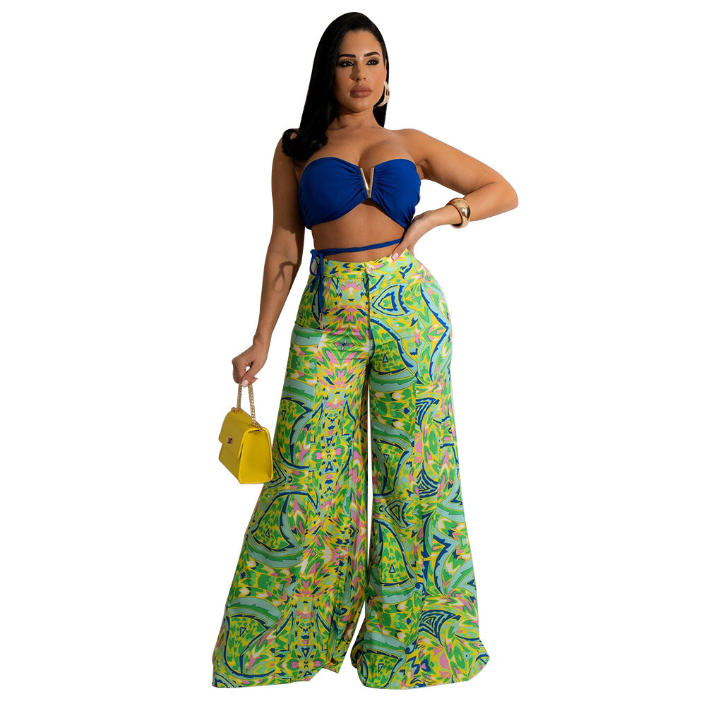 Women V-neck tube top and printed wide-leg trousers fashion casual women's suit two piece set 3
