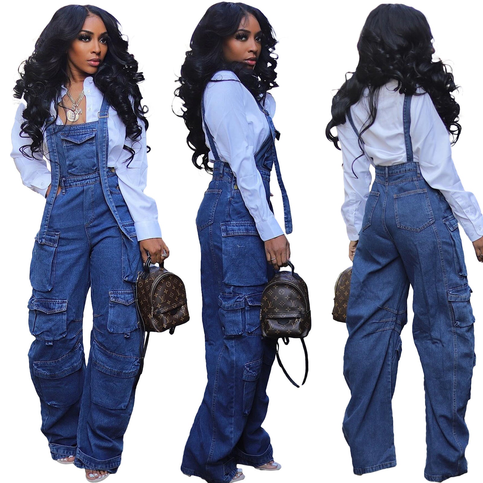 Women style washed Denim loose cargo overalls 3