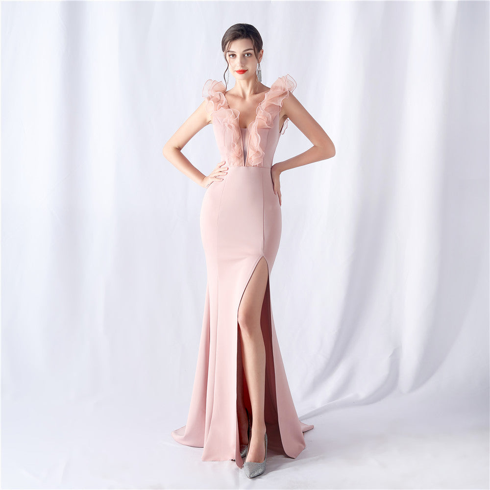 Women Wedding Ruffle Slit Dinner Evening Dress