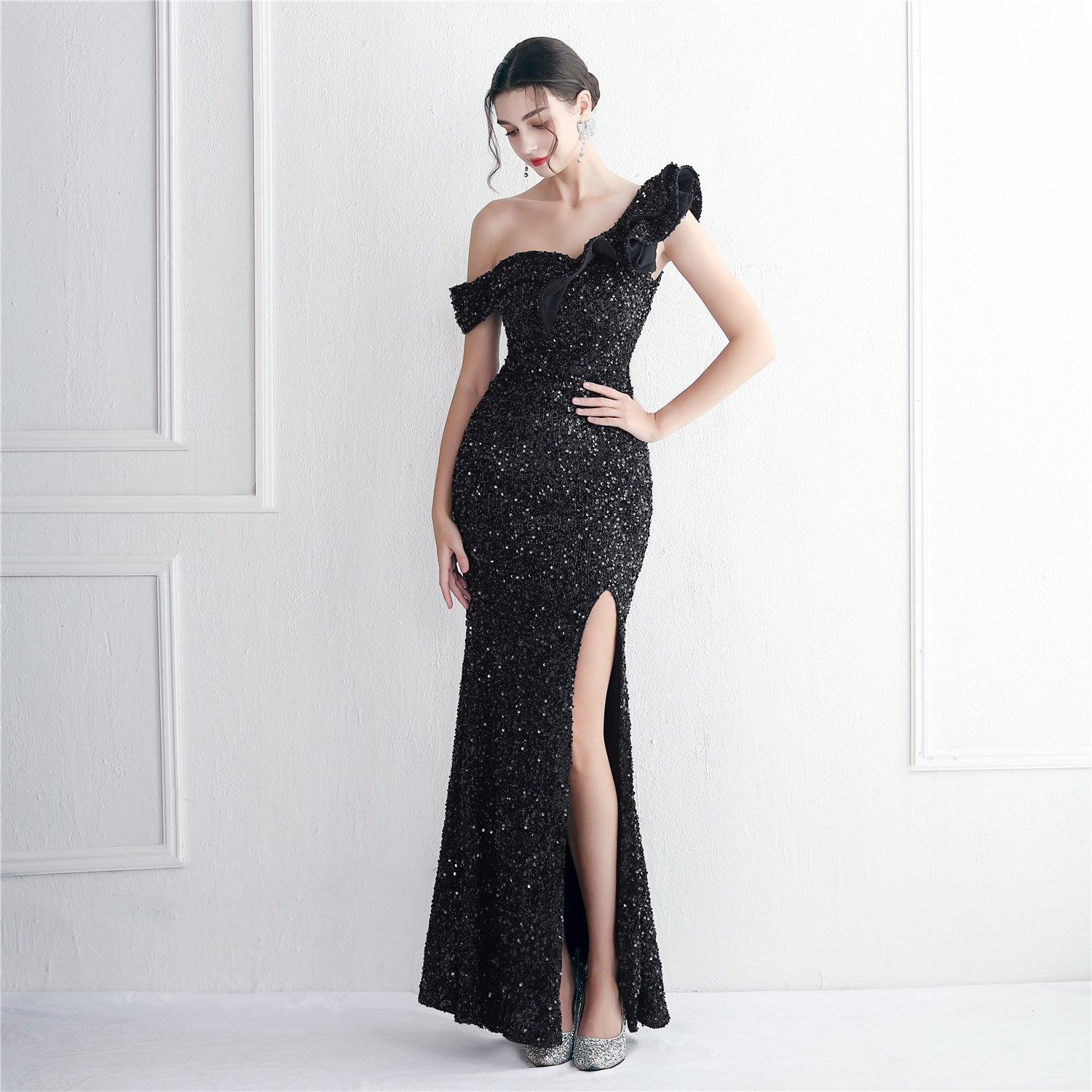Elegant Sequin Ruffled One Shoulder Slit Prom Dress Slim Fit Fishtail Formal Party Evening Gowns 11
