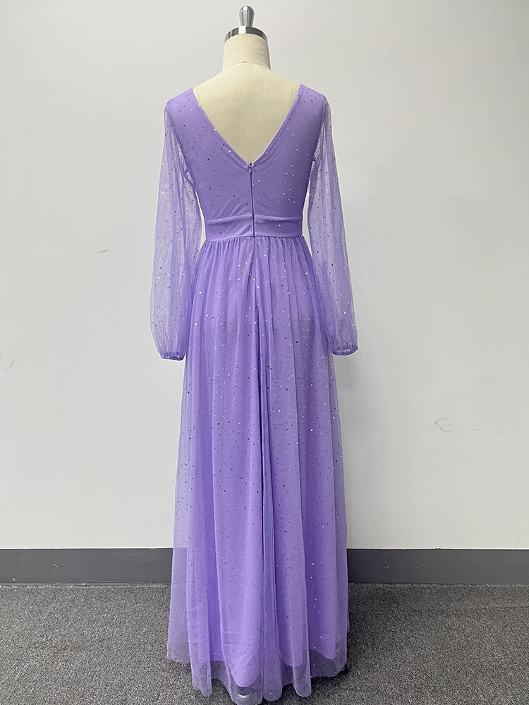Women's Elegant V-Neck See-Through Long Sleeves Sheer Glitter Evening Gown A-Line Wedding Party Dress 13