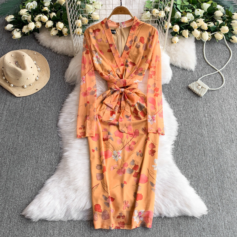 Women French Style Long-Sleeved V-Neck Lace-Up Maxi Print Bodycon Dress 3