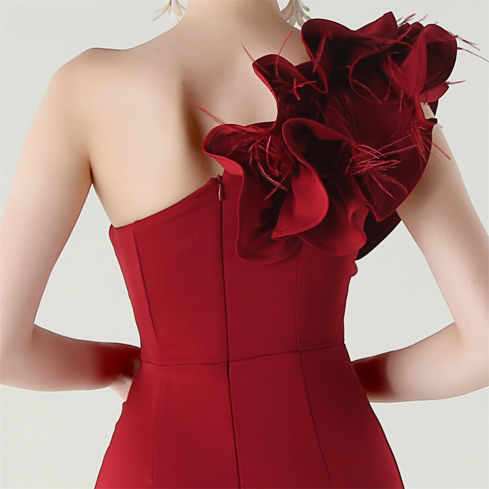 Women One-Shoulder Beaded Wool and Floral Satin Slit Sexy Evening Dress 58