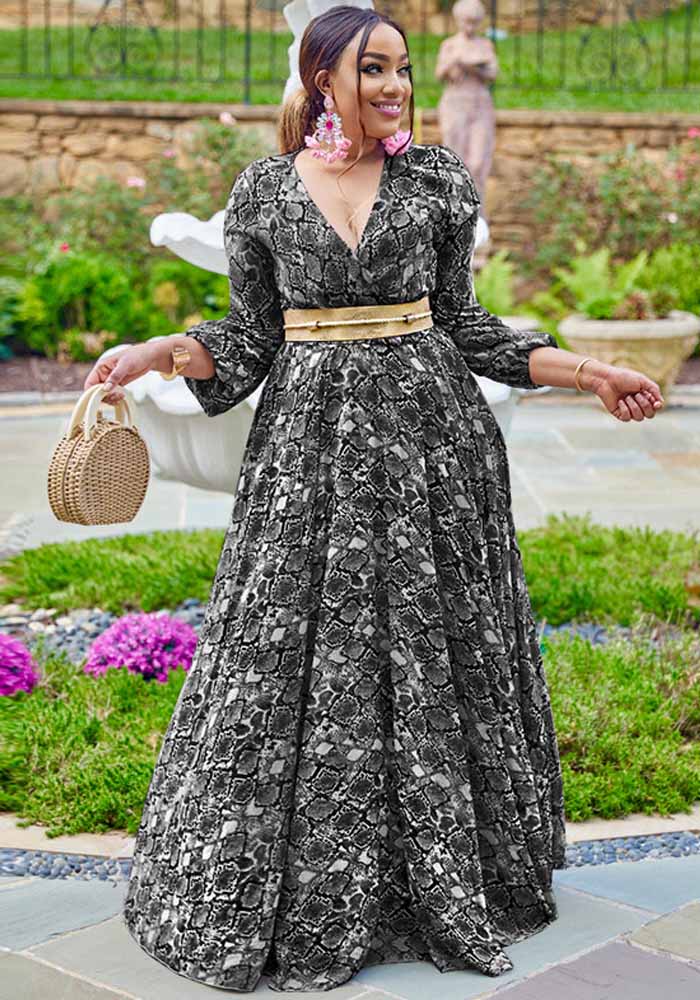 Plus Size Women's Autumn and Winter Sexy Deep V Print Snake Print Dress