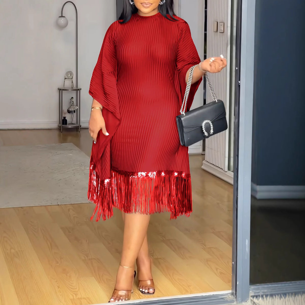 Sequin Tassel Bat Sleeves Elastic Bodycon Dress 11