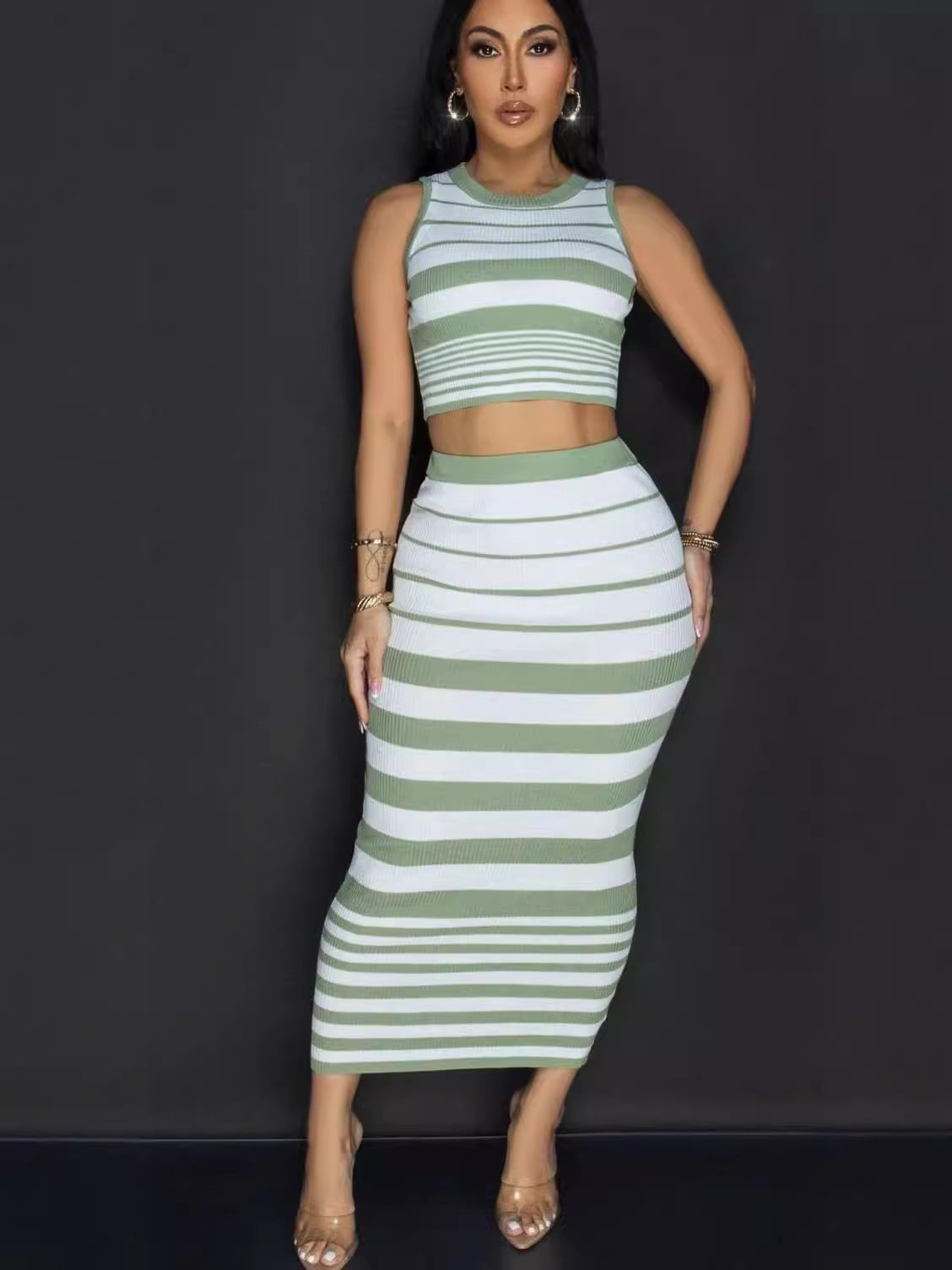 Women autumn black and white striped knitting Tank Top and Skirt Two-piece set 6