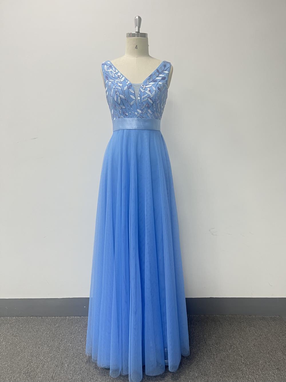 Patchwork Elastic Waist Sleeveless Double V Neck Evening Gown with Embroidered Tulle Elegant Long Swing Party Dress 28