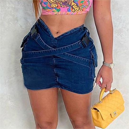 Women Pocket Cross Denim Mini Skirt 3