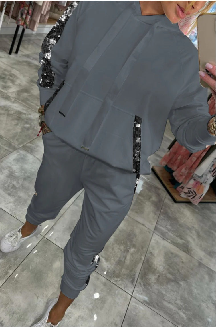 Women Casual Solid Patchwork Sequin Hoodies and Pant Two Piece Set 4