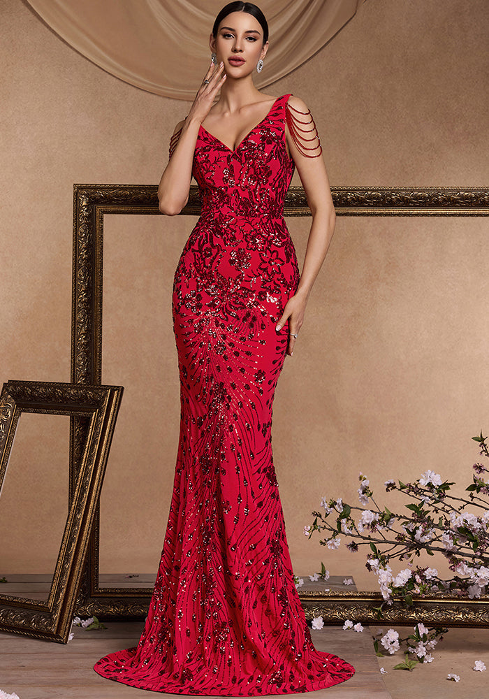 Women sequined beaded formal party sexy fishtail evening dress