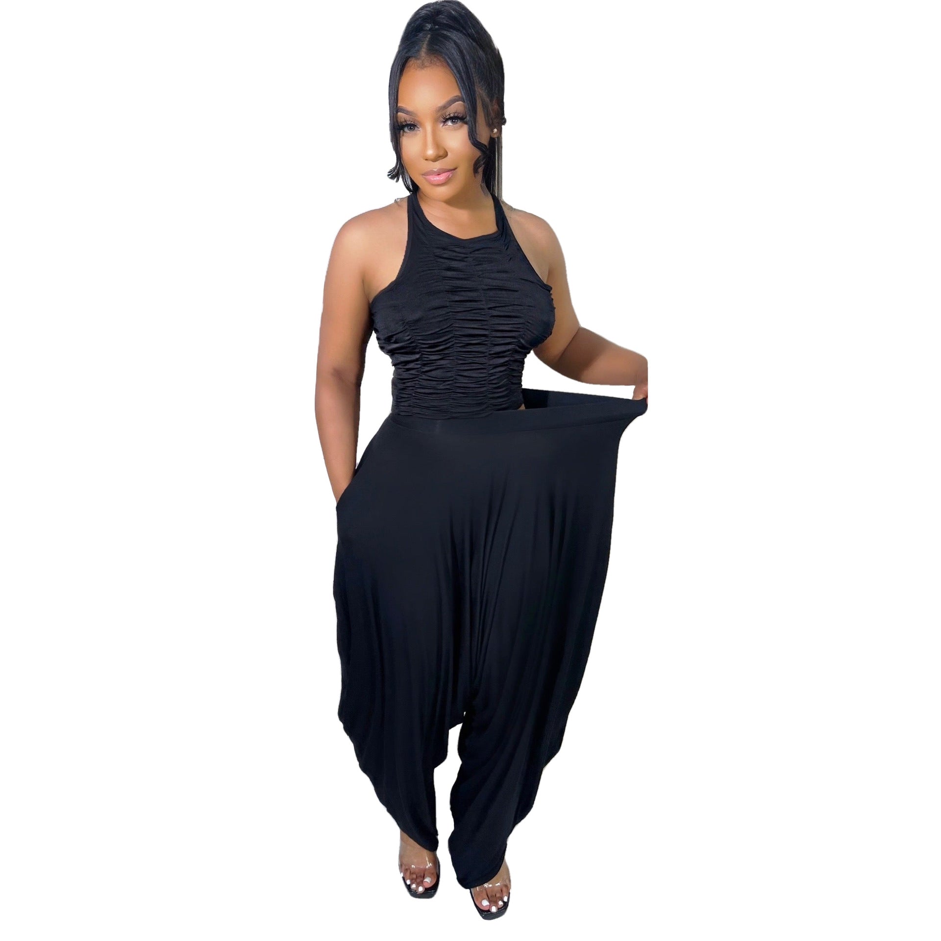 Women summer sexy pleated sleeveless top + wide leg pants two-piece set