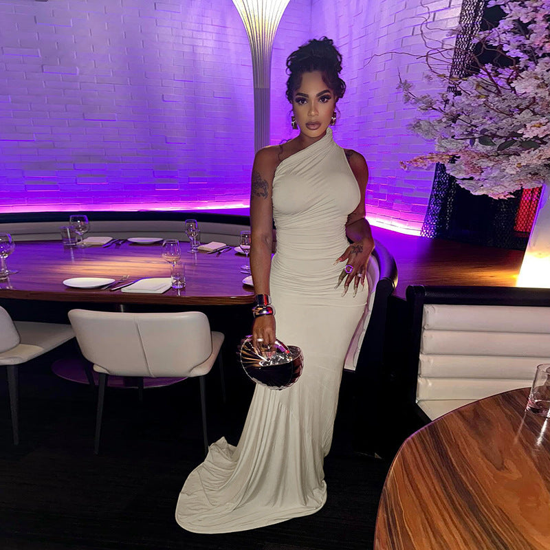 Winter Chic Elegant Slim Fit One-Shoulder Solid Bodycon Dress