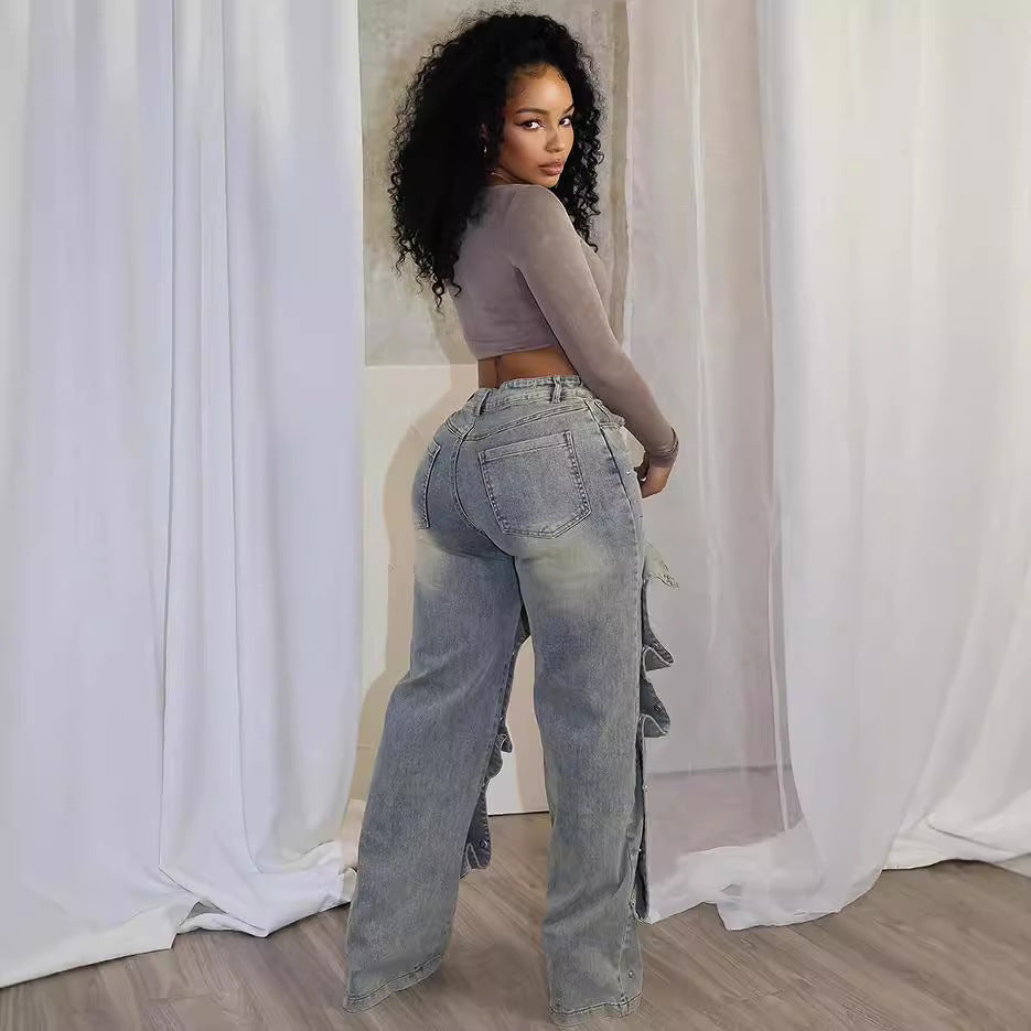 Women's Straight Denim Pants Autumn Street Trend Button High Waist Pants 5