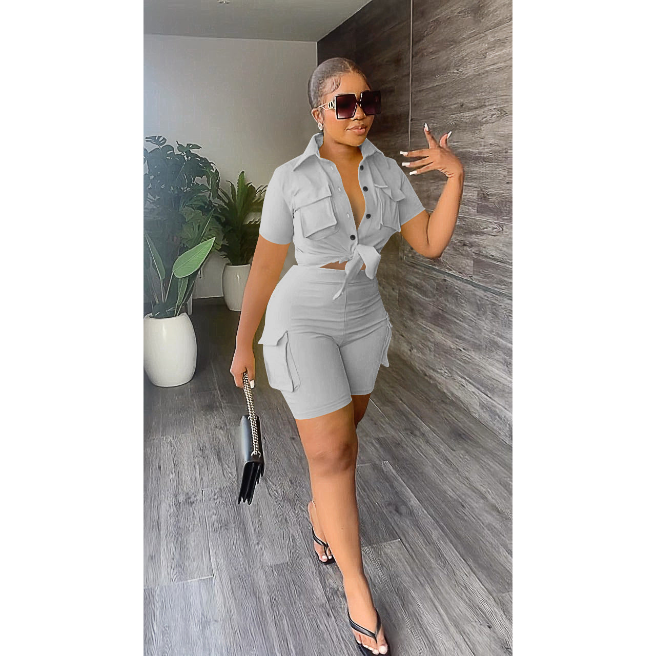 Women'S Solid Color Short Sleeve Shirt Shorts Two-Piece Set 19