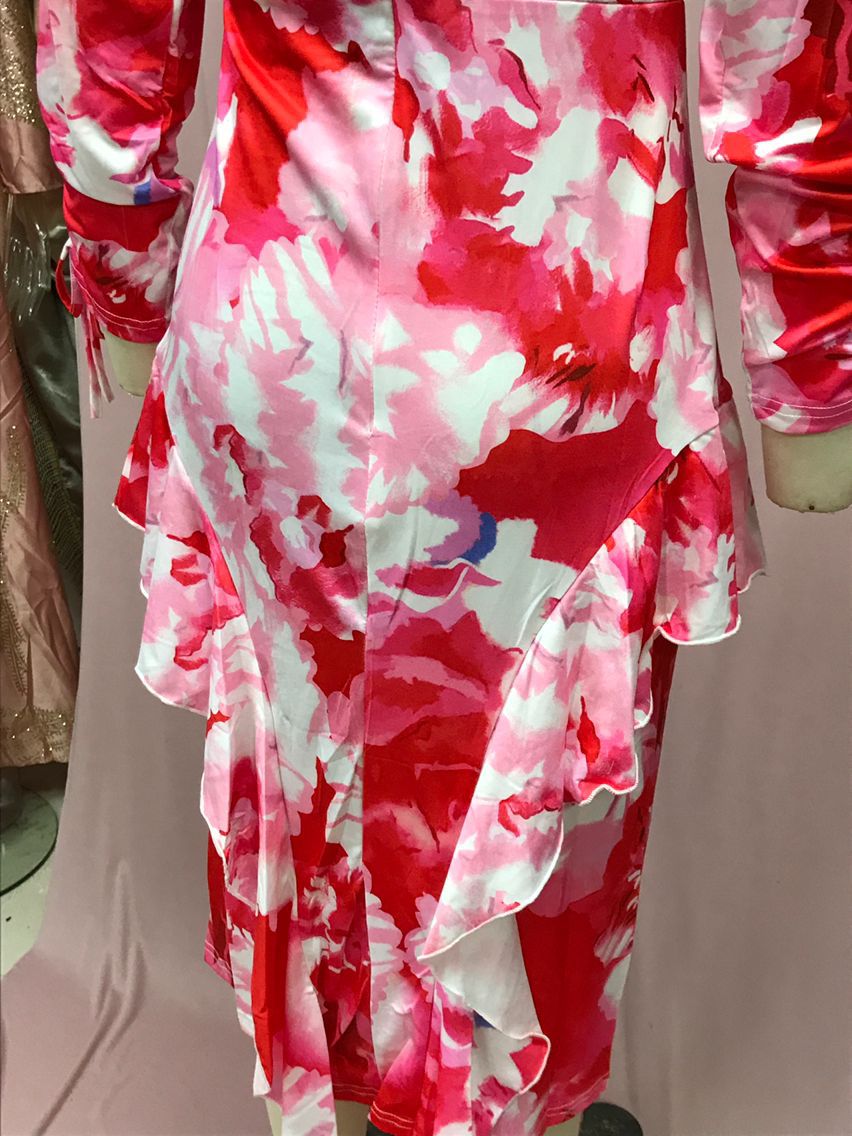 Women Career Printed Ruffle Bodycon Dress 8