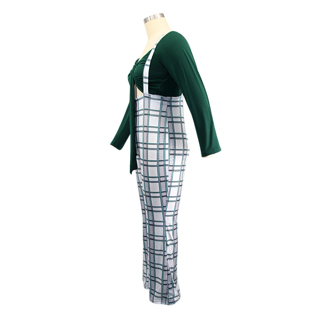 Plus Size Women Long Sleeve Top and Plaid Suspenders Set 9