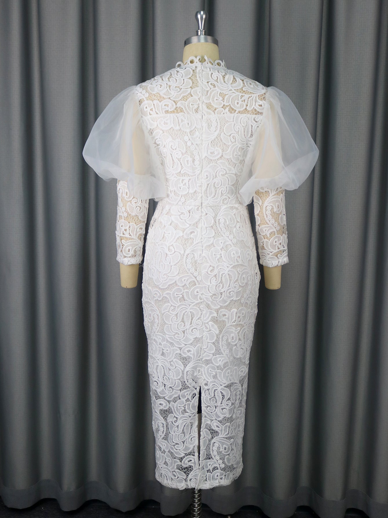 Lace Formal Party Puff-Sleeve Mid-Length Dress 12