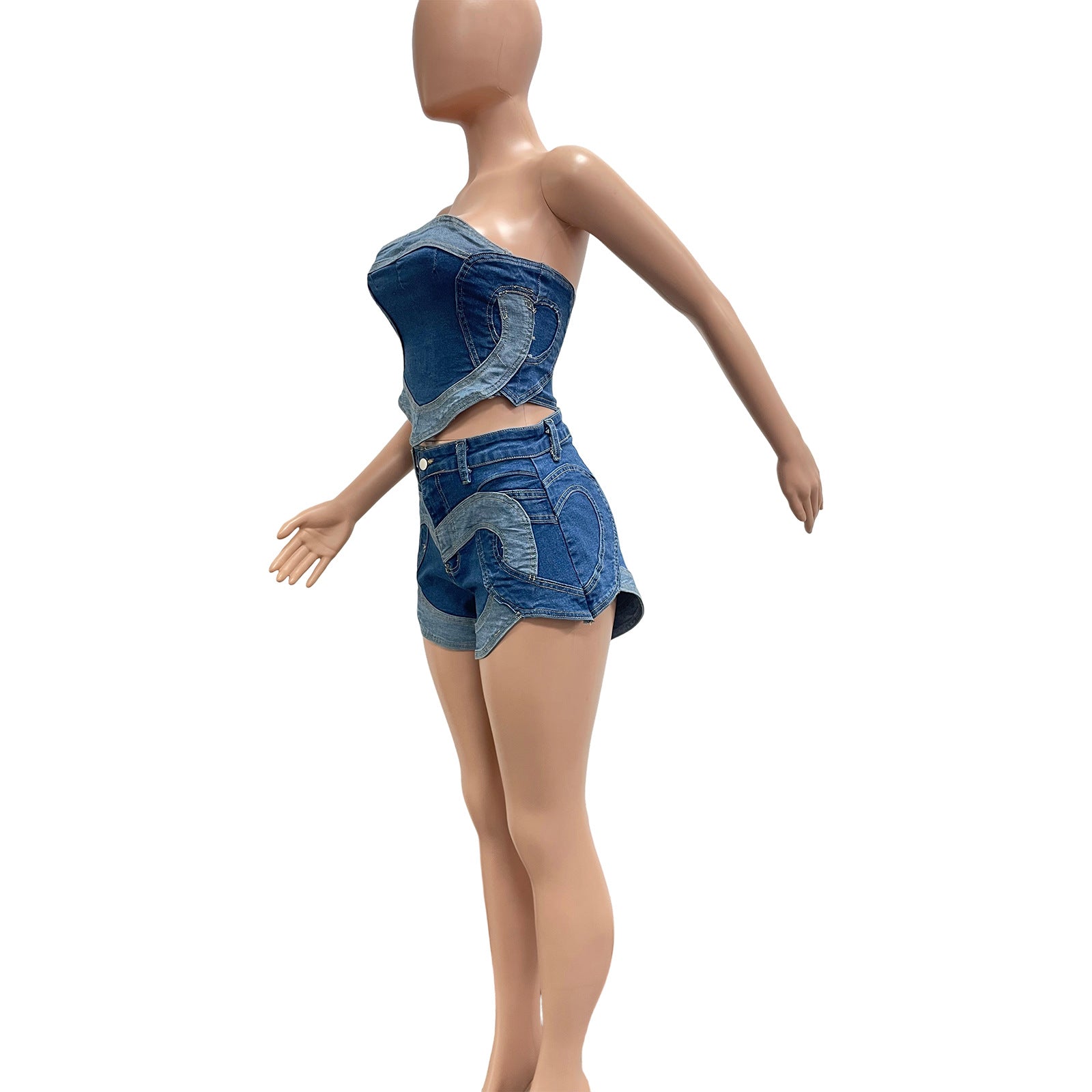 Women Sexy Stretch Heart Washed Denim Top and Shorts Two-Piece Set 7