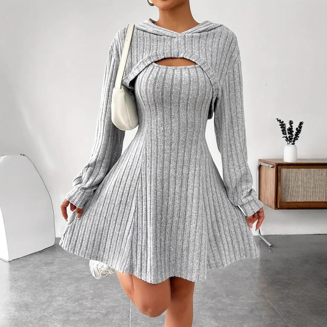 Long Sleeve Hoodie Top and Strap Square Neck A-Line Dress Set 4