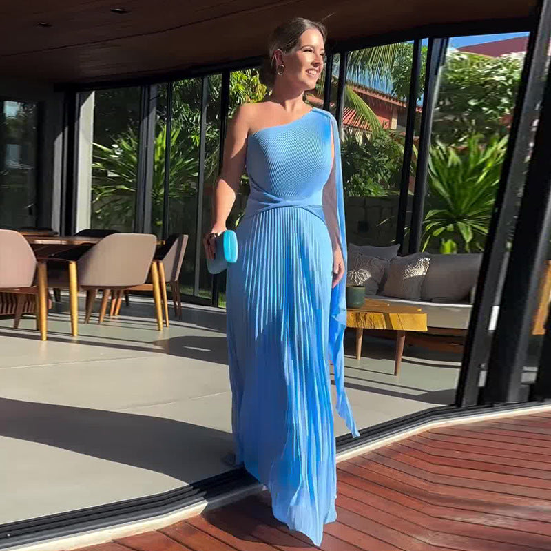 Summer Solid Color Fashion Slash Shoulder Raglan Sleeve Slim Waist Pleated Long Dress 8