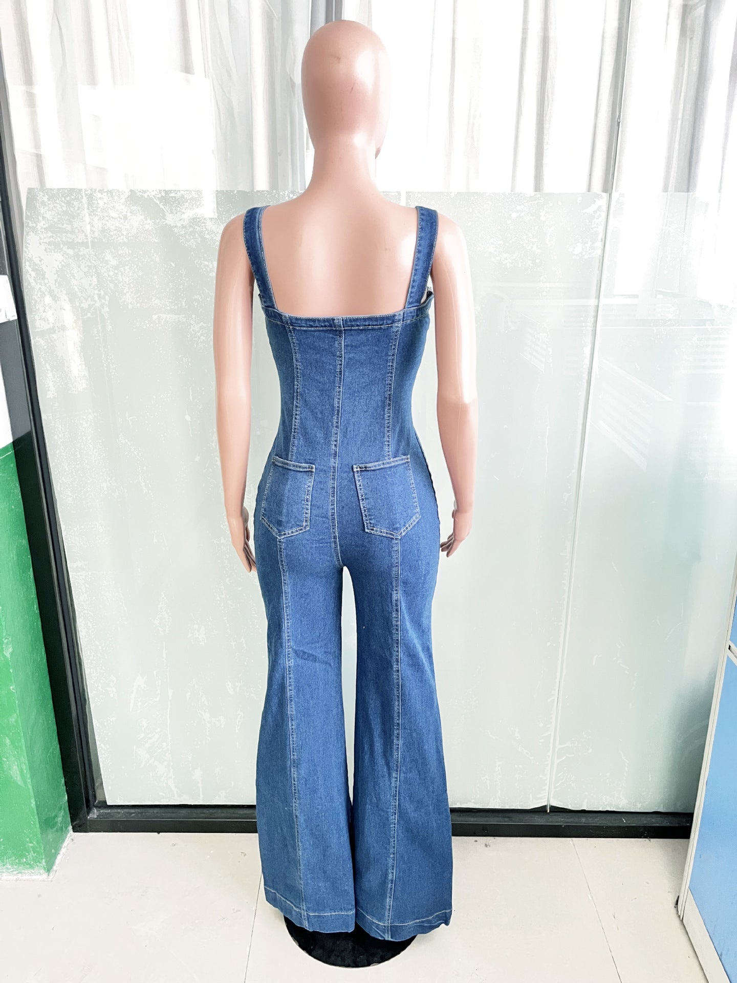 Women Fashion Casual Sexy Strap Wide Leg Denim Jumpsuit 6