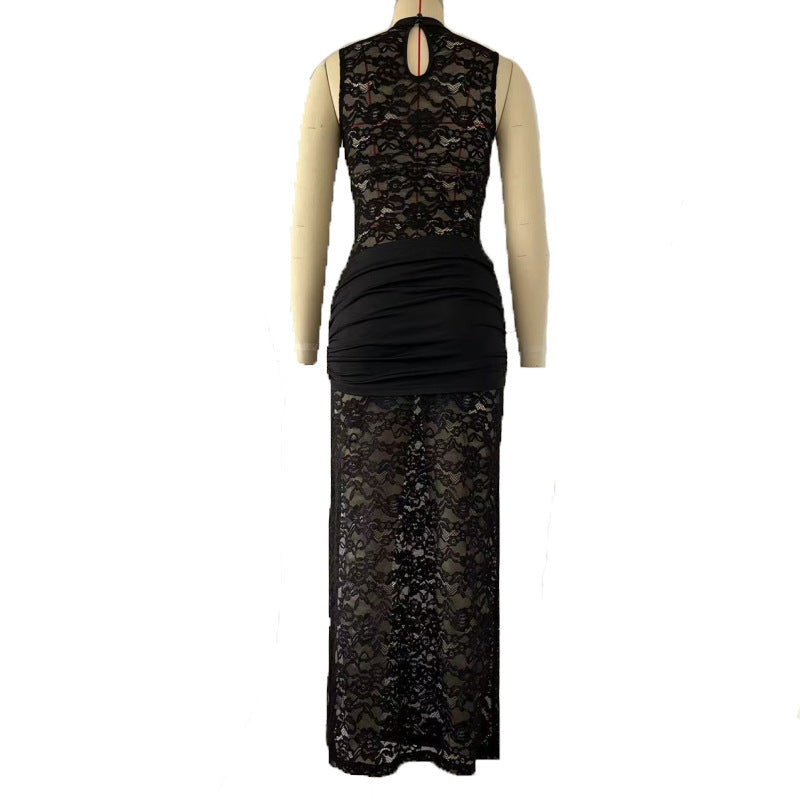 Sexy Fashion Lace Hollow High-Slit Slim Sleeveless Long Dress 8