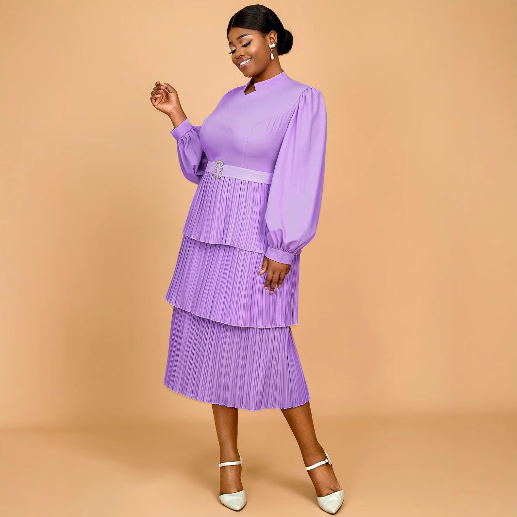 Women Spring and Summer Lantern Sleeve Pleated Cascading Ruffles Dress 3