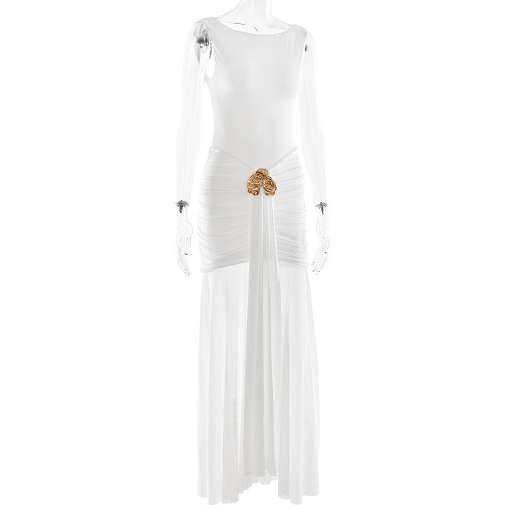 Women's Summer Sexy Solid Sleeveless Low Back Slit Pleated Long Dress 10