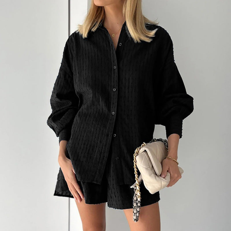 Summer Women Shirt Jacquard Puff Sleeve Top And Shorts Two-piece Set 18