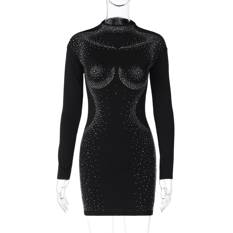 Women's Fall Fashion Sexy Beaded Tight Fitting Long Sleeve Bodycon Dress 7