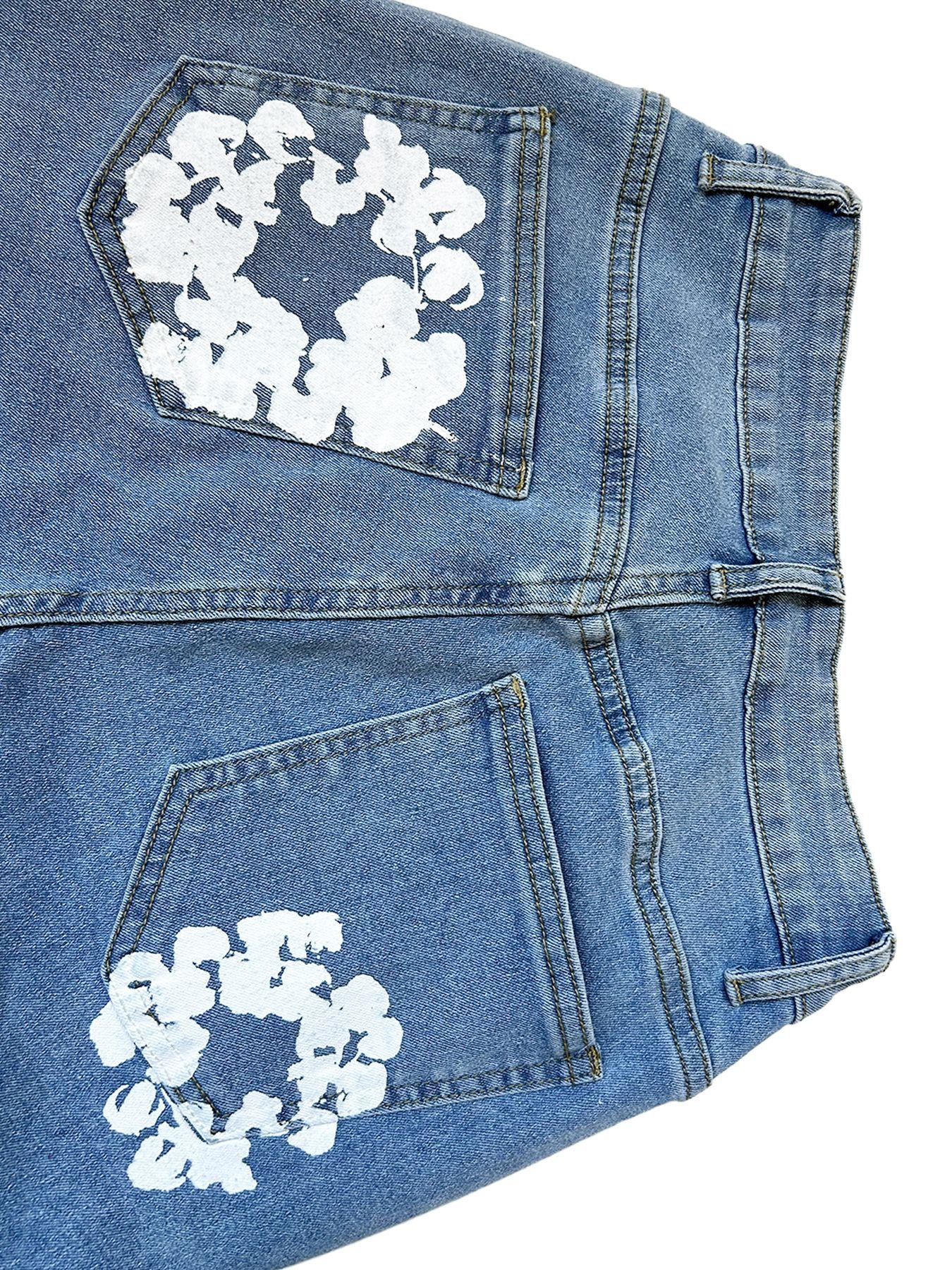 Women's Fashion Stretch Denim Fabric Flower Print Denim Trousers 15