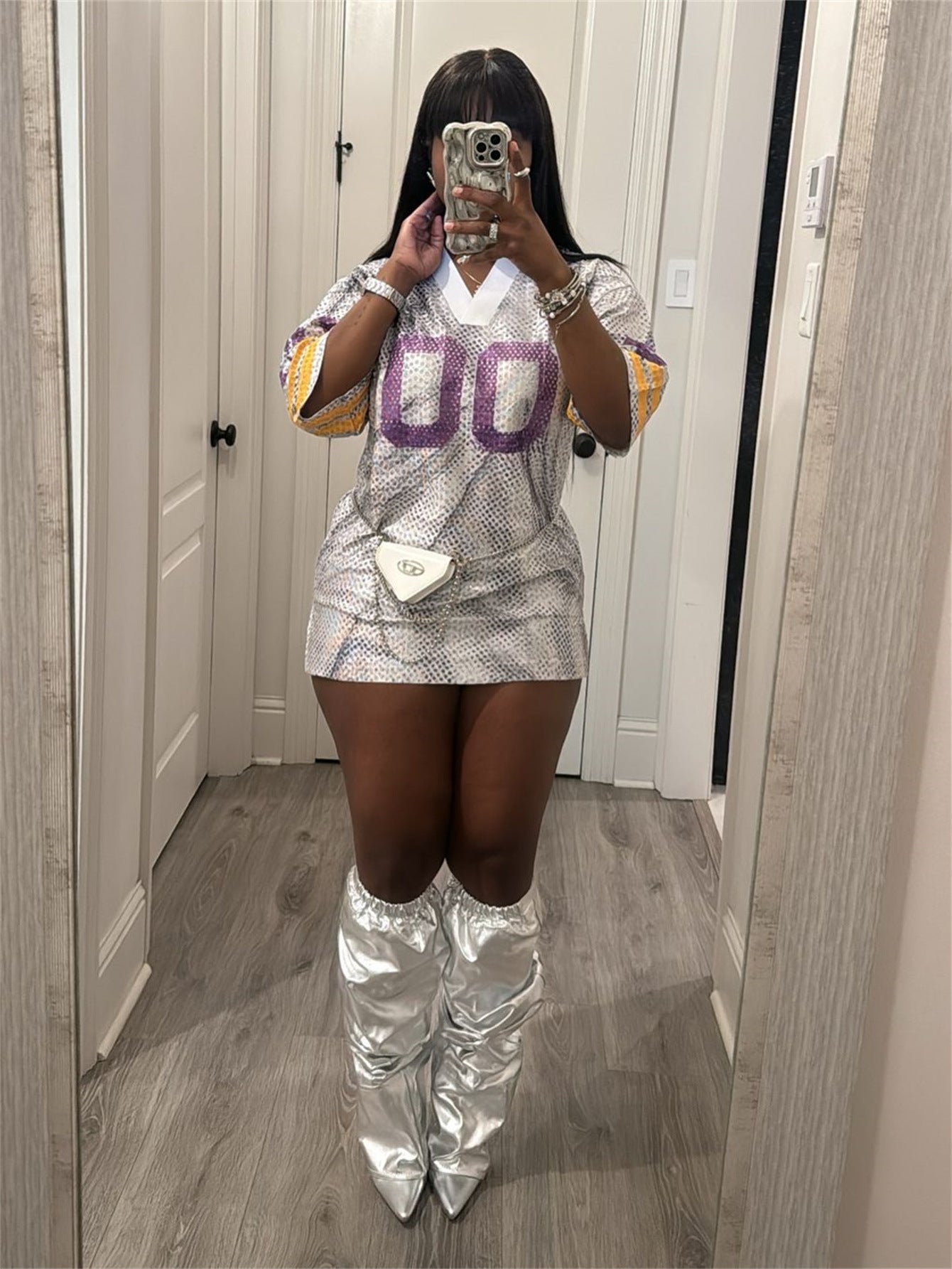 Autumn V-Neck Print Sports Jersey Loose Casual Short Dress