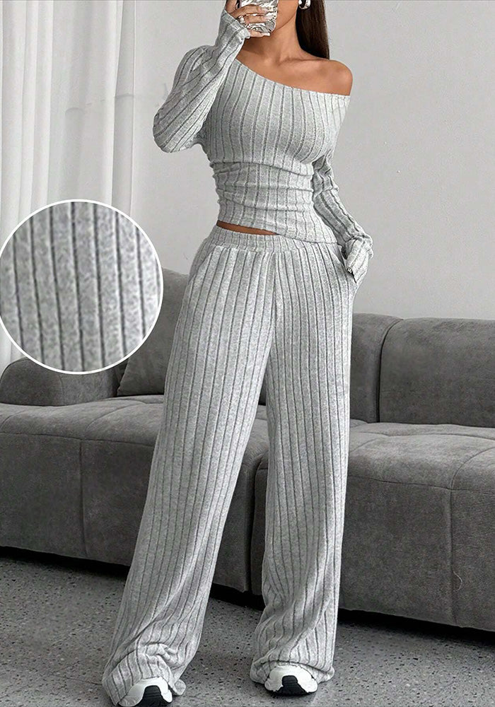 Autumn And Winter Casual Solid Color High Collar Knitting Long Sleeve Top Loose Trousers Two-Piece Set