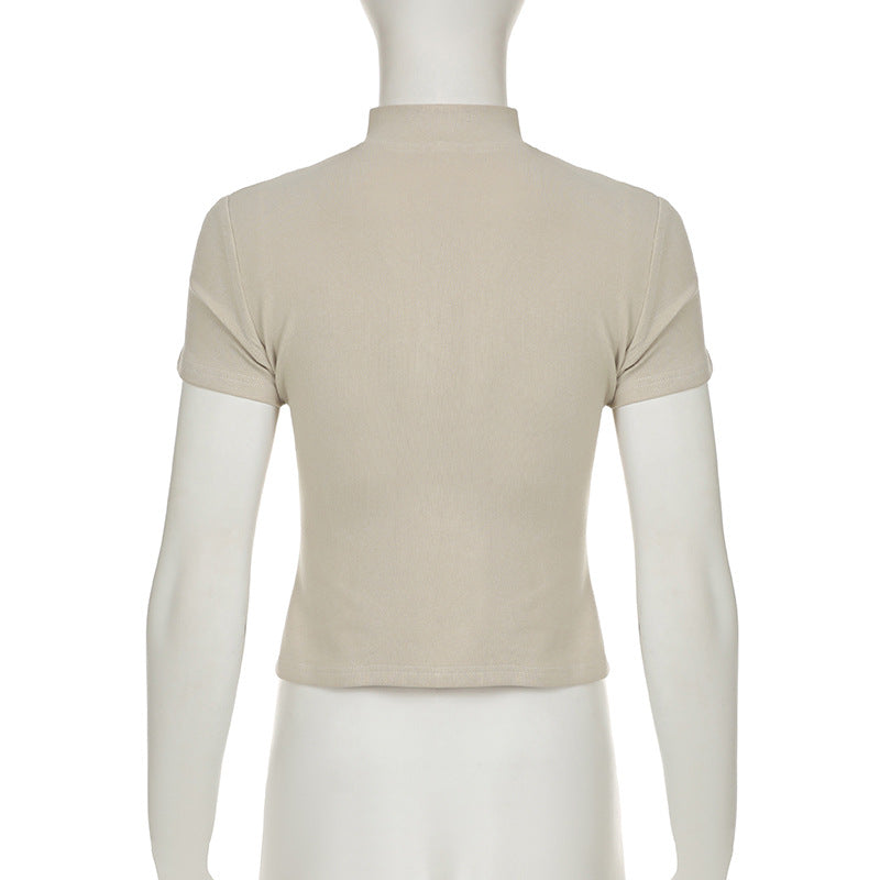 Slim Sports Basic Stand Collar Short Sleeve t-shirt Sports Casual Zipper Top 9