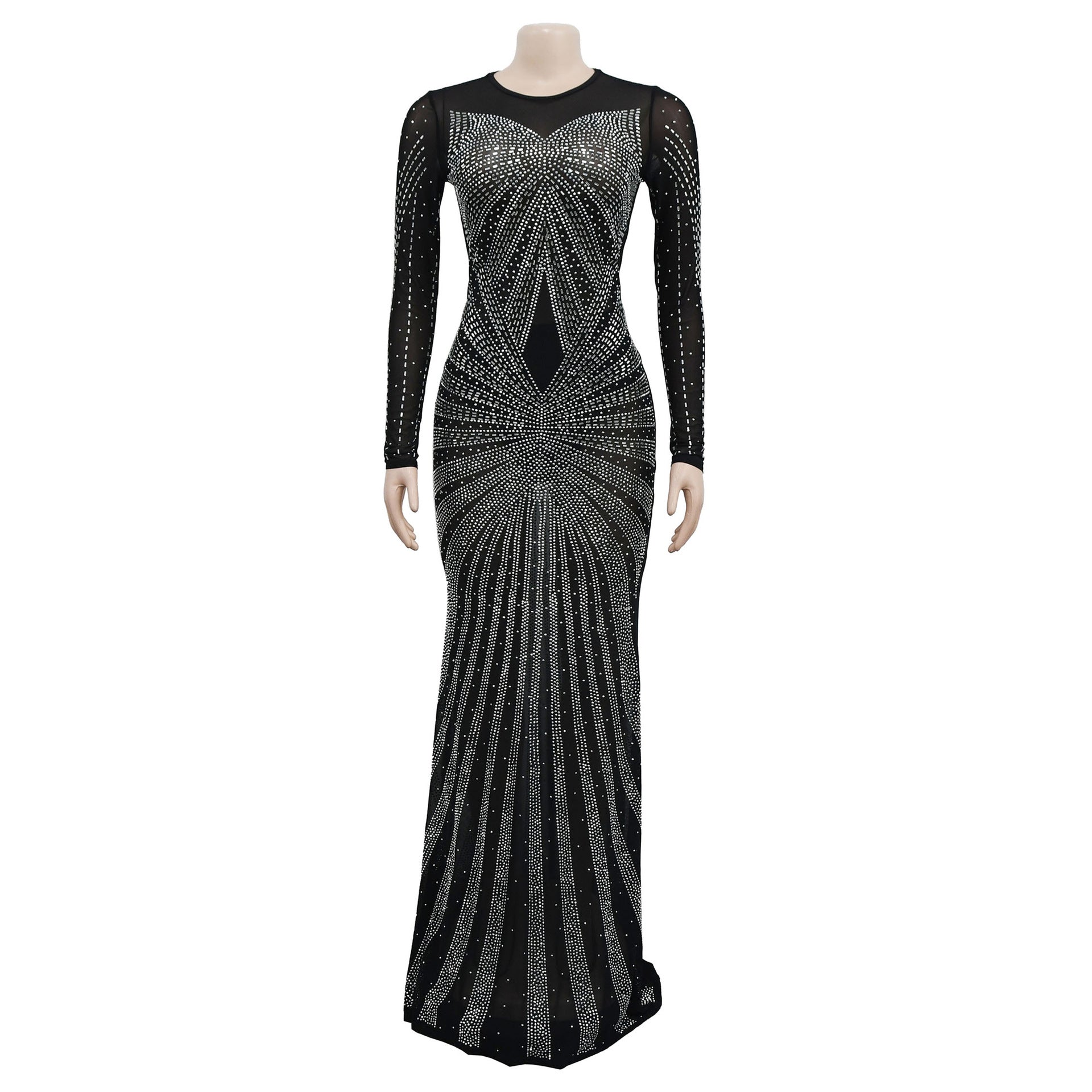 Women Solid Color Mesh See-Through Beaded Long Sleeve Maxi Dress 16