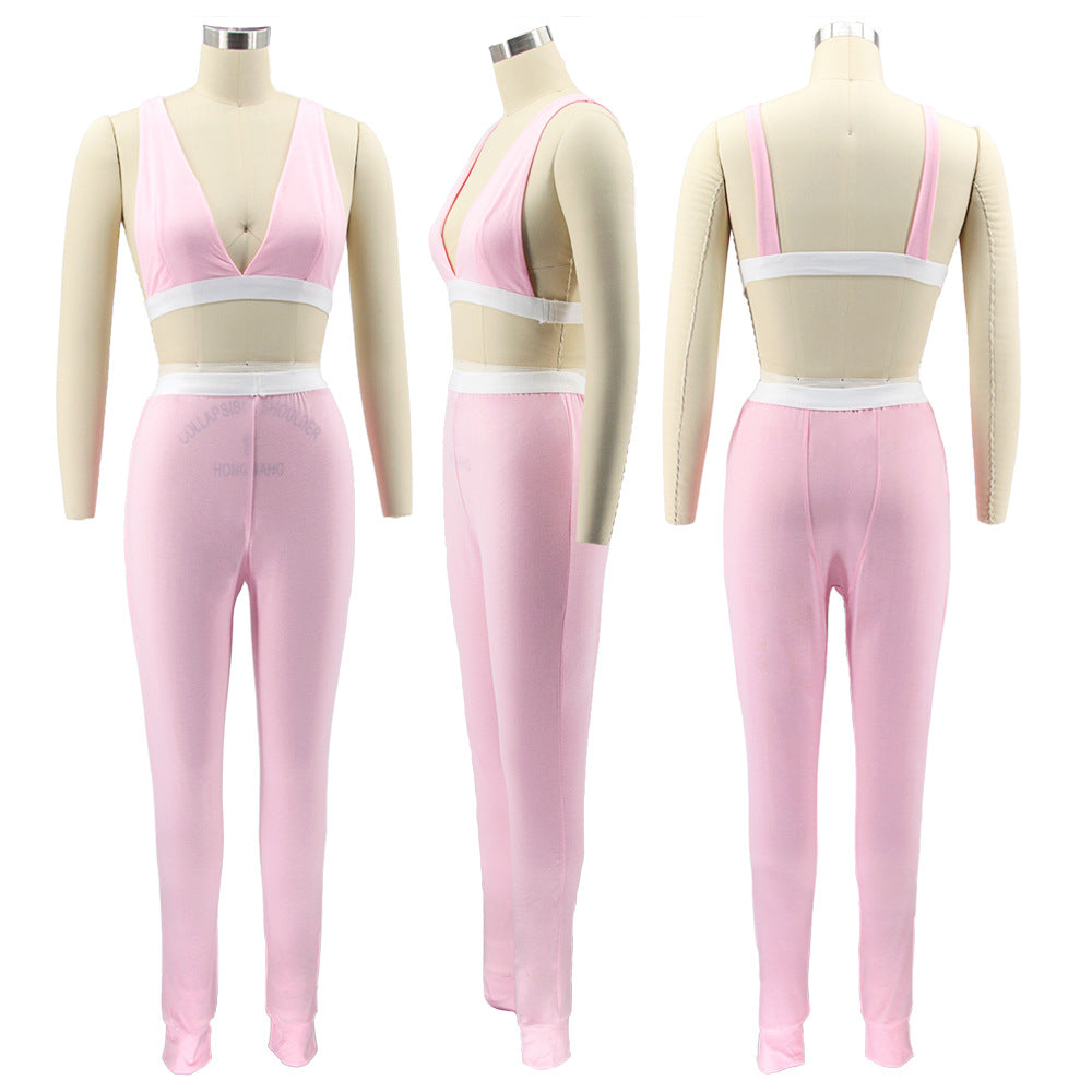 Women Solid Sling Elastic Casual Sports Two-piece Set 11