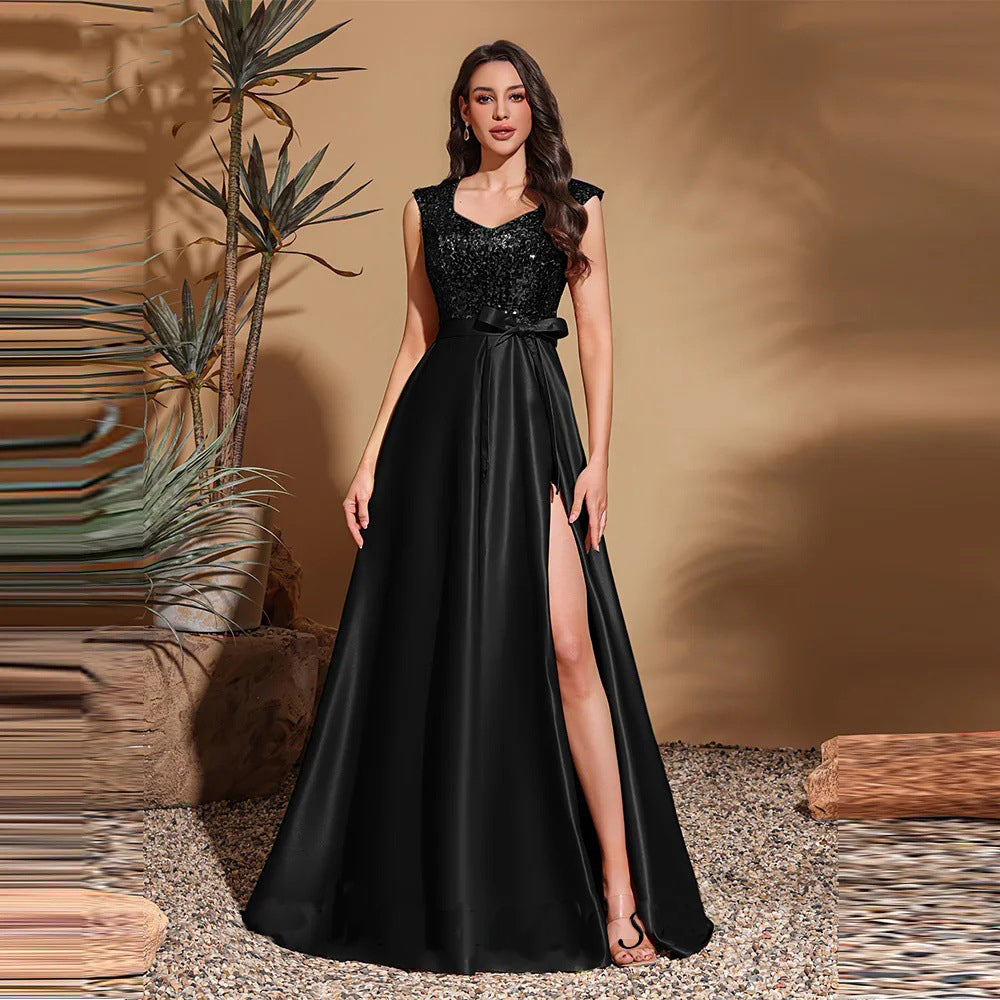 Women Elegant Black Sequined V-Neck Party Mermaid Bridesmaid Evening Dress（Processing time need 3-6 days）