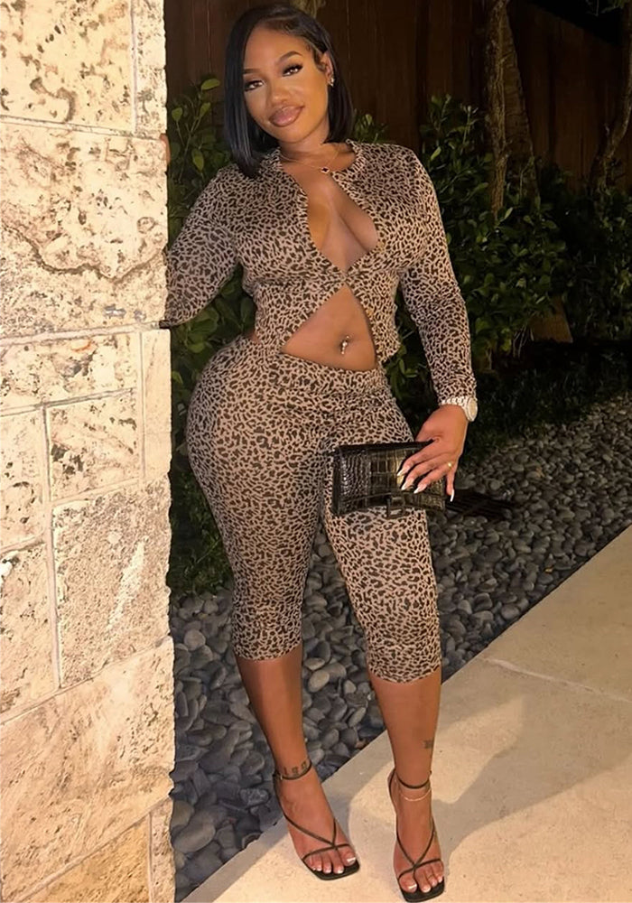 Elastic Leopard Print Slim Fit Sexy Long-Sleeved Top & Shorts Set