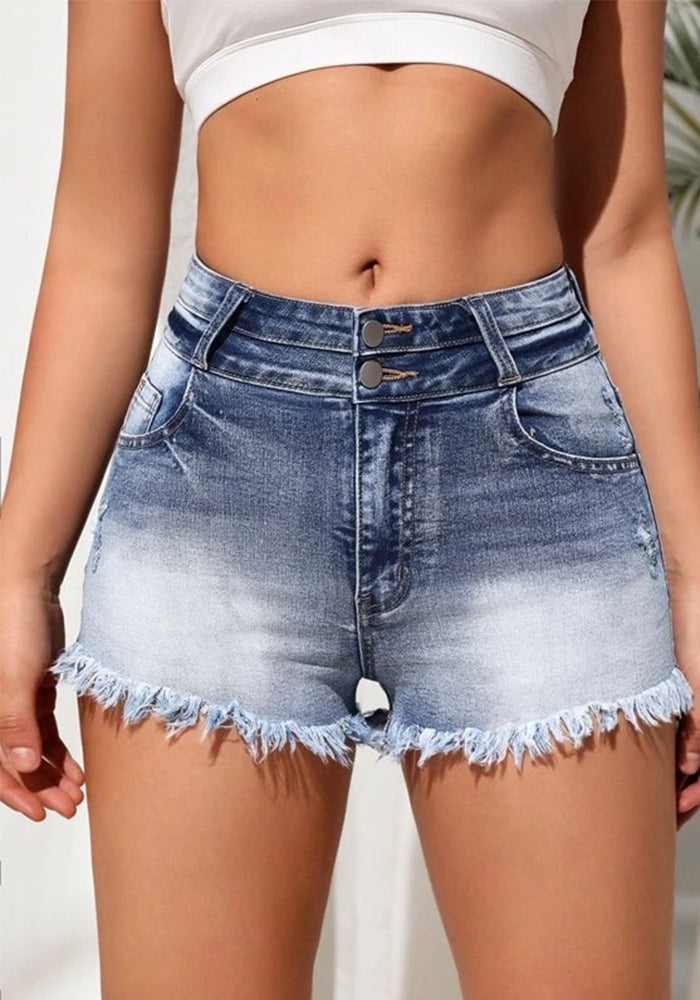 Women Button Raw Edge Stretchy Denim Shorts