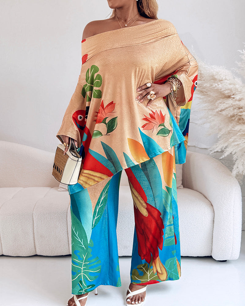 Women's Fashion Animal & Floral Print Bat Sleeves Loose Top Wide-Leg Pants Set 4
