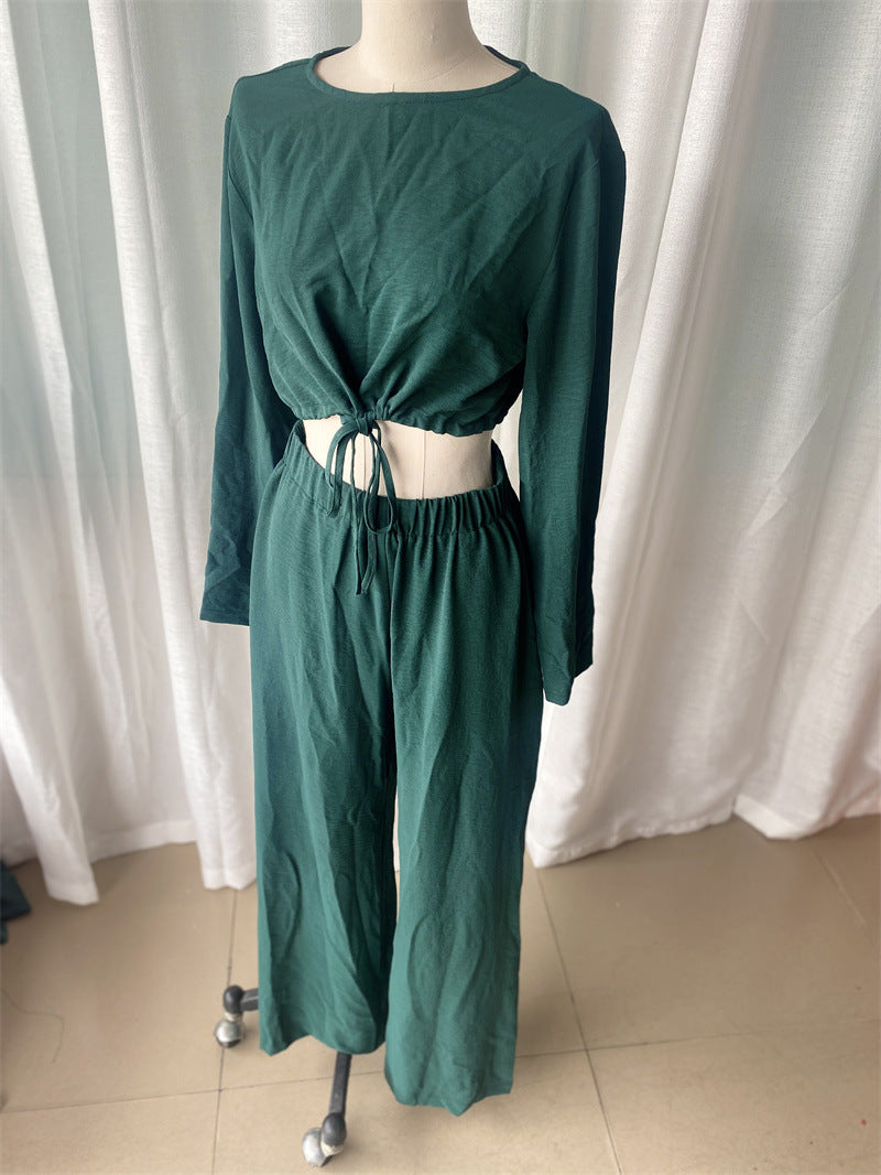 Women Solid Lace Up Long Sleeve Crop Top Wide Leg Pants Two Piece Set 7