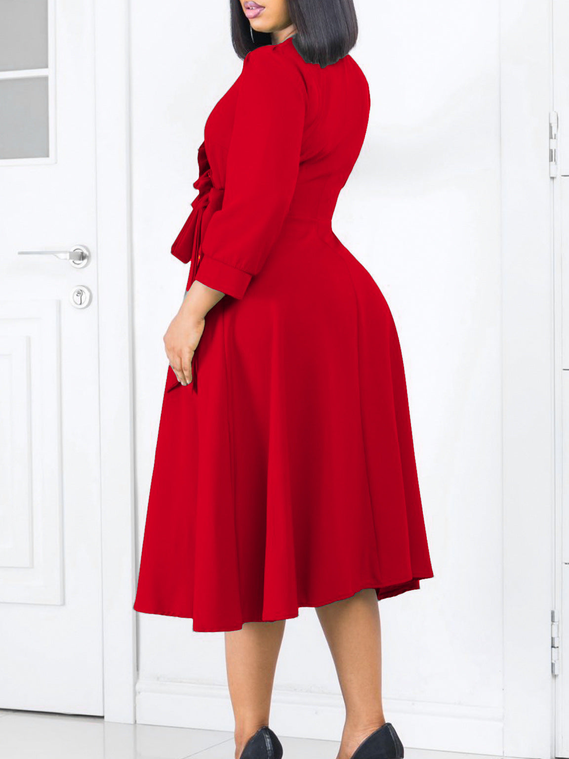 Women's Fashion Chic Solid Color V-Neck Pleated High Waist Swing Dress 7