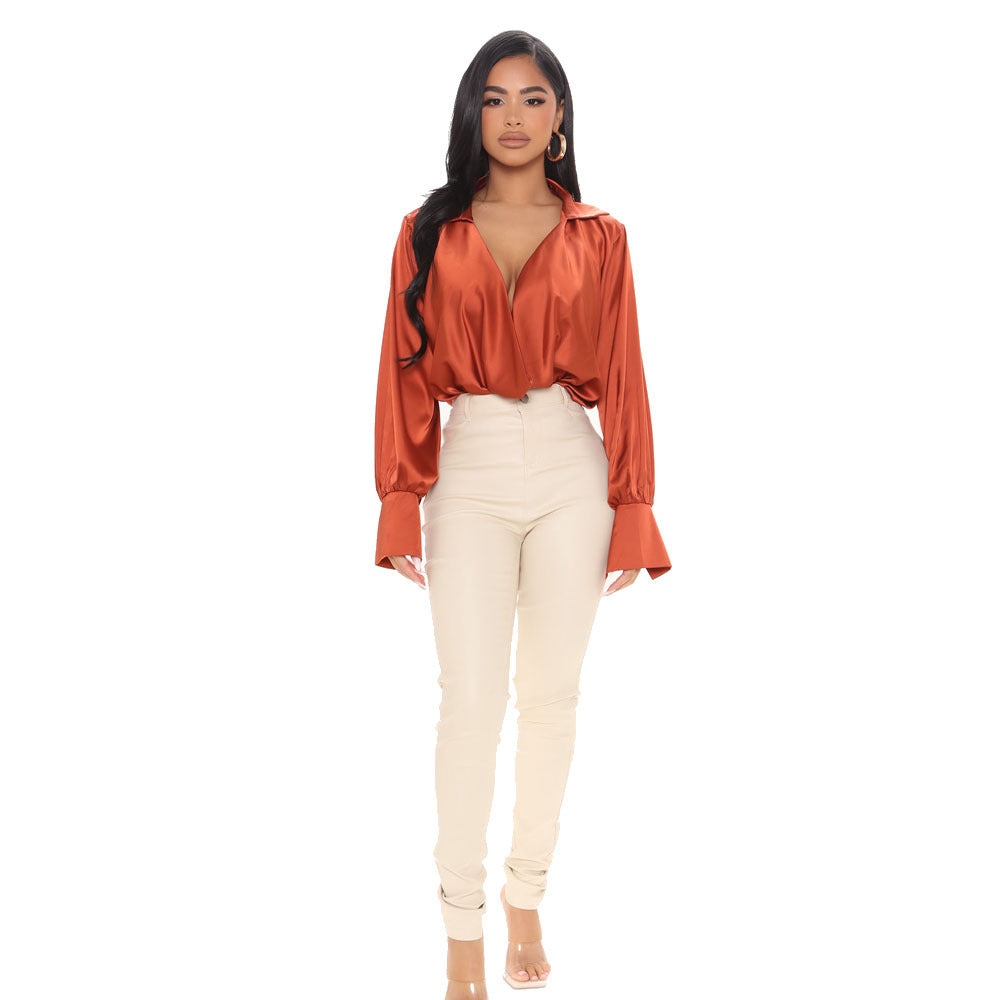 Women Satin Long Sleeve Deep V-Neck Shirt