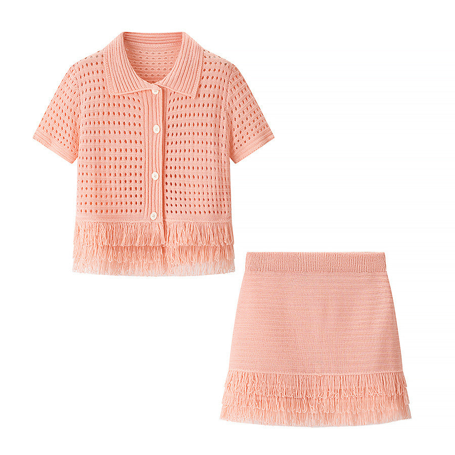 Women's Fringe Short-Sleeve Knit Jacket + High-Waisted Mini Skirt Set 4